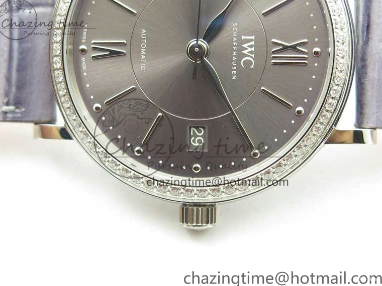 MIROTIME 0227 Attractive Portofino 37mm SS V7F 1:1 Best Edition Gray Dial Diamonds Bezel on Gray Leather Strap A 7091
